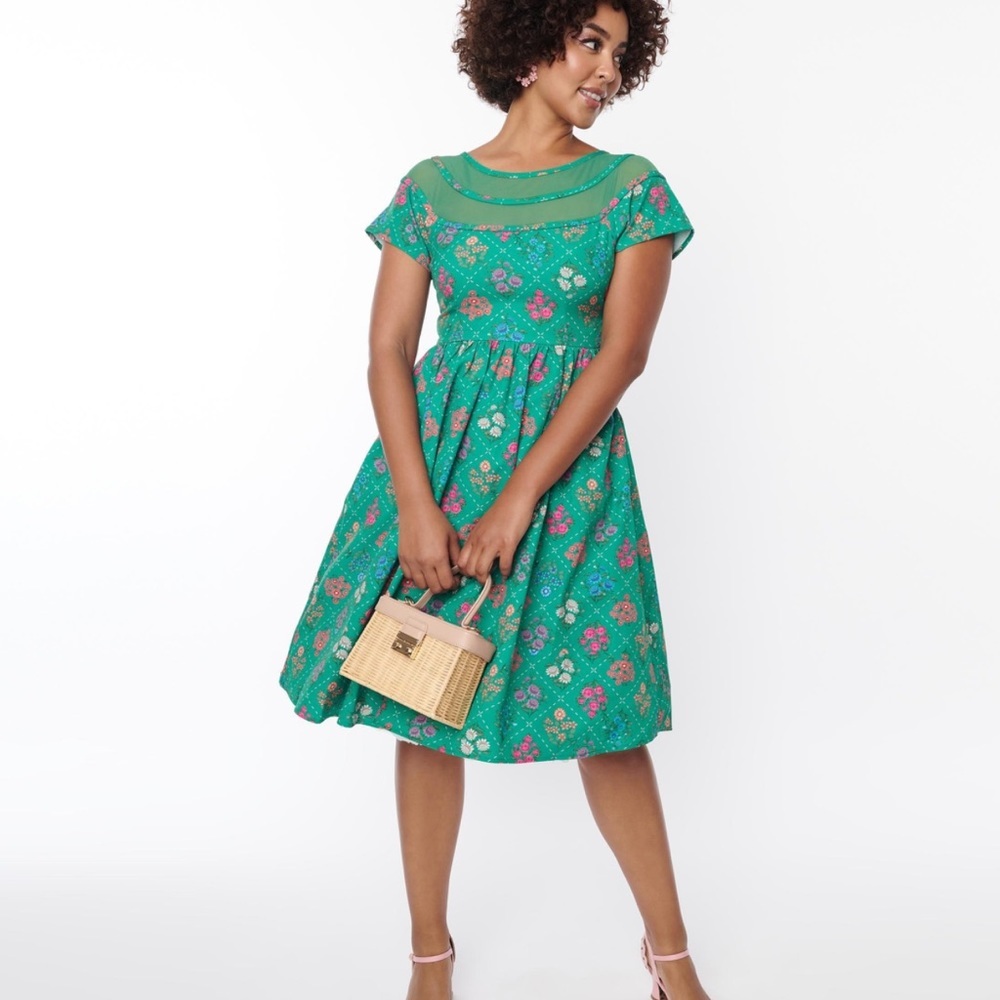 Unique Vintage Green Floral Argyle Flare Dress